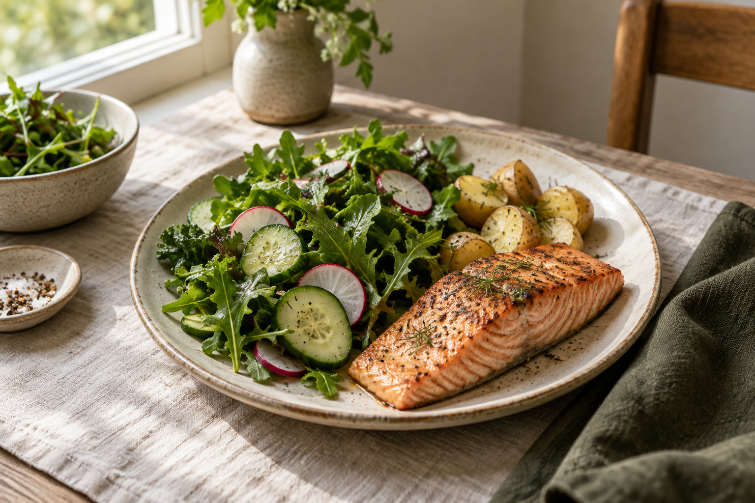 A simple meal of salmon, vegetables and potatoes
